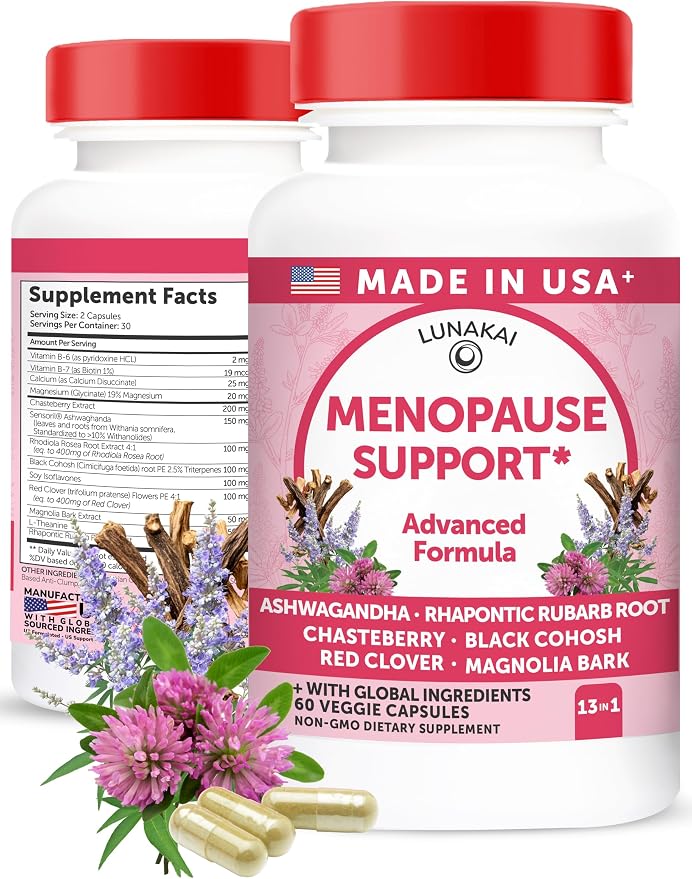 Lunakai USA Made Natural Menopause Supplements for Women – 13-in-1 Menopause Relief for Hot Flashes, Night Sweats, Sleep & Mood Support, 60ct