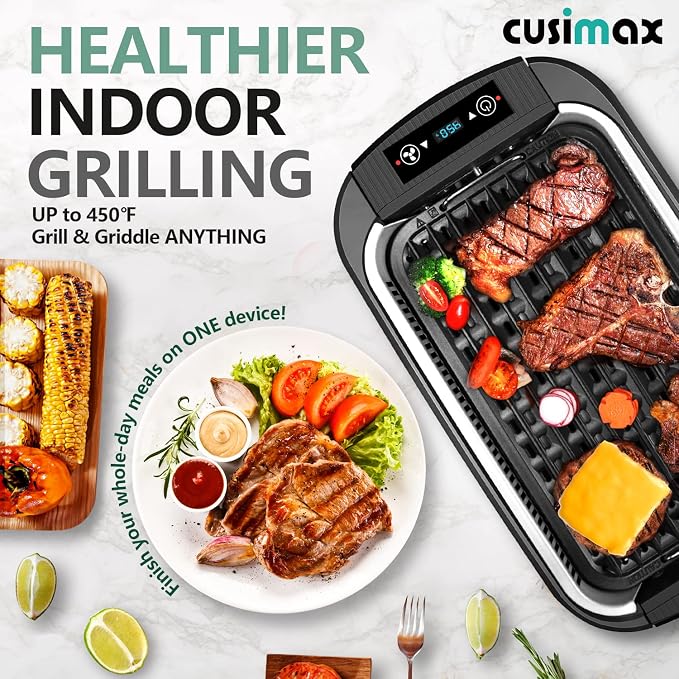 Indoor Grill, CUSIMAX Smokeless Grill Indoor, 1500W Electric Grill Griddle | Korean BBQ with Smart LED Display & Tempered Glass Lid, Non-stick Removable Grill Plate & Griddle Plate, Easy Cleanup, Black