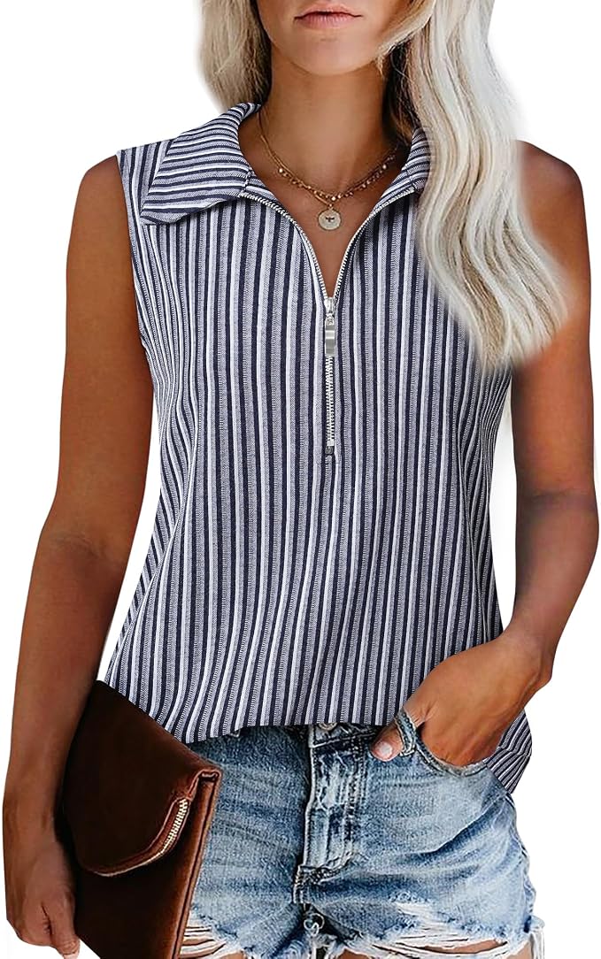 Vivilli Womens Ribbed Tank Top Zipper V Neck Dressy Casual Blouses Sleeveless Camisole Tops Work Tank Polo Shirts