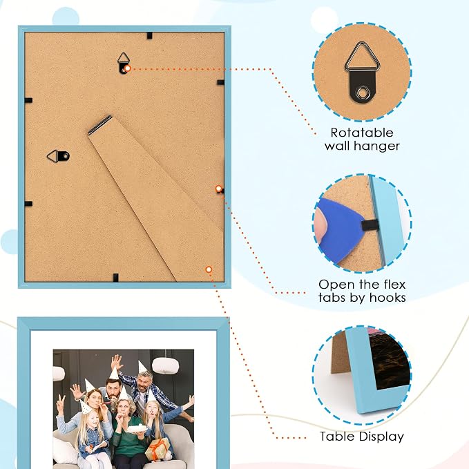 FIXSMITH 8x10 Picture Frame Set of 2, Blue Photo Frame with HD Plexiglass, Display Pictures 5x7 with Mat or 8x10 Without Mat Multi Picture Frames Collage for Tabletop or Wall Display