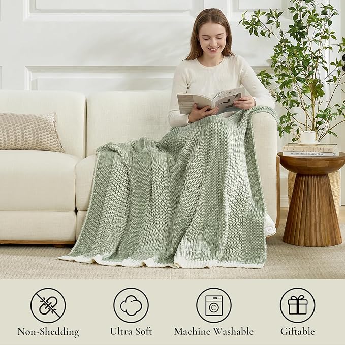 Amélie Home Premium Chenille Throw Blanket, Soft Cozy Luxury Two-Tone Knit Blanket for Couch, Sofa, Chair, Home Decor, Sage Green & Ivory 50"x60"