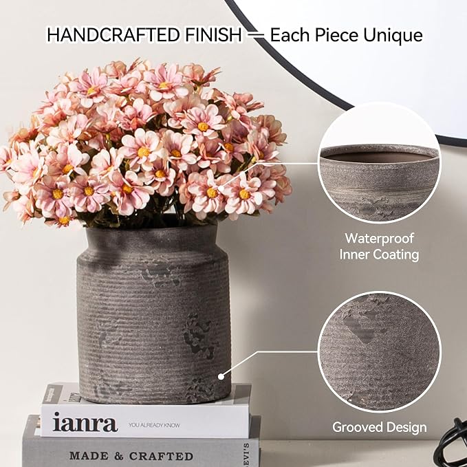 Ceramic Flower Vase 7.5 inch Farmhouse Rustic Vase for Home Decor Handcrafted Pottery Terracotta Vases for Dining Table Decor Fireplace Living Room Bathroom Wedding Centerpiece (M-Dark Gray)