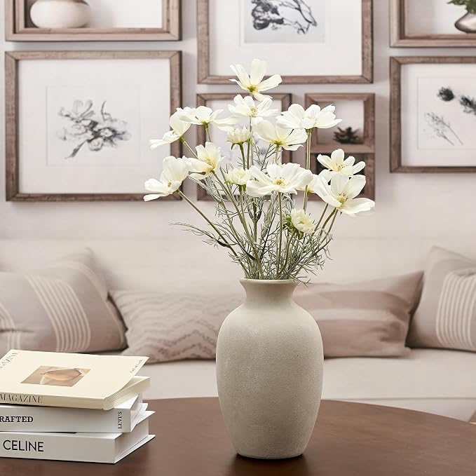 Ceramic Rustic Flower Vase, 8.38 Inch Vintage Pottery Home Decor, Farmhouse Terracotta Vase for Living Room, Table, Shelf, Mantel Decoration, Farmhouse - Off-White