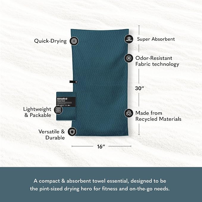 Nomadix Fitness Towel- Microterry Quick-Dry Gym & Yoga Sweat Towel, Odor-Resistant, Ultra Absorbent, Sand & Pet Hair-Resistant, Recycled Material, 30″×16″- Regenerative Black- Regenerative Teal