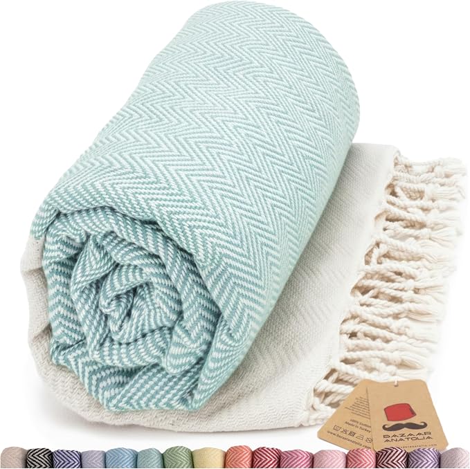 Bazaar Anatolia Turkish Beach Towel 100% Cotton Bath Towels 71x39 Quick Dry Sand Free Lightweight Large Oversized Herringbone Mint