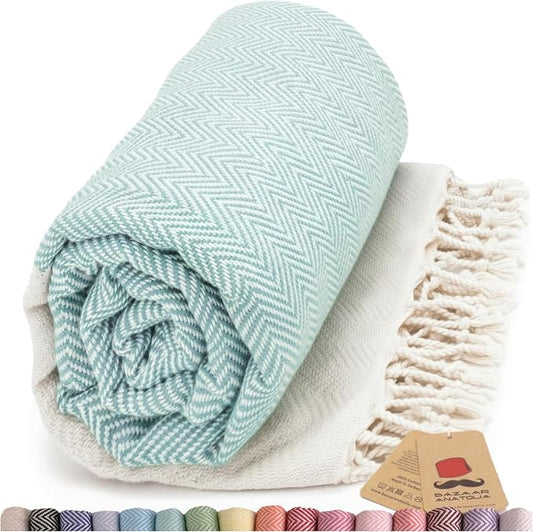 Bazaar Anatolia Turkish Beach Towel 100% Cotton Bath Towels 71x39 Quick Dry Sand Free Lightweight Large Oversized Herringbone Mint