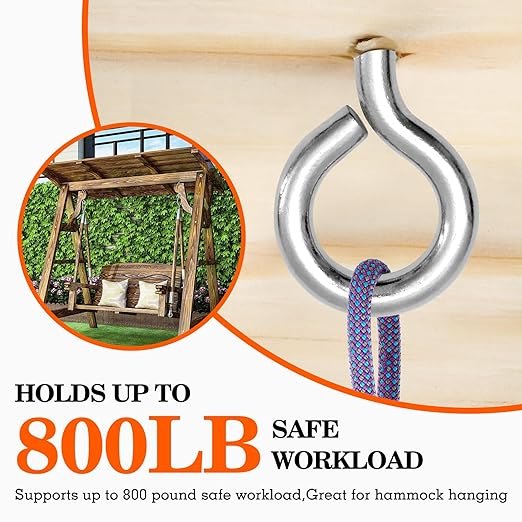 4Pcs Self Tapping Eyelet Screw Eye Bolt，6 Inch Heavy Duty Screw Eyes Hooks ，M10 Wooden Large Screw Eye Hook，Load Capacity 800 Lbs for Hammock ，Yoga，Heavy Indoor Outdoor Uses (4, M10-6 INCH)