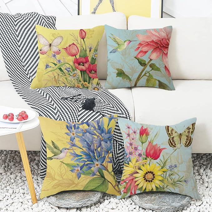 wyooxoo Spring Summer Pillow Covers 16x16 Set of 4 Decorative Throw Pillow Covers Linen Flower Butterfly Farmhouse Pillowcases for Sofa Couch Living Room Outdoor