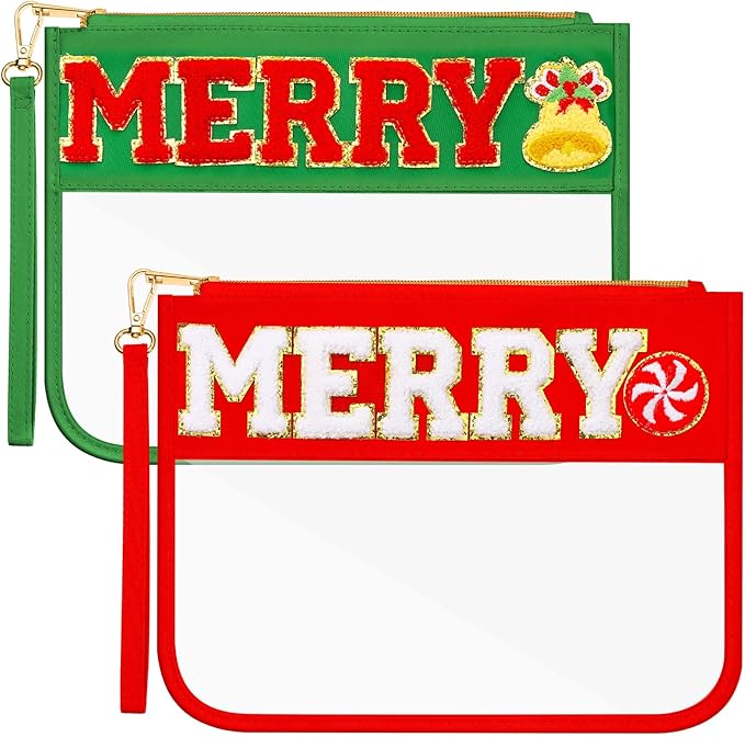 Remerry 2 Pcs Halloween Christmas Chenille Letter Clear Pouch Candy Treat Snack Goodie Bag PVC Makeup Cosmetic Bag Waterproof Preppy Purse Gifts for Women Girls(Red & Green Merry Set)