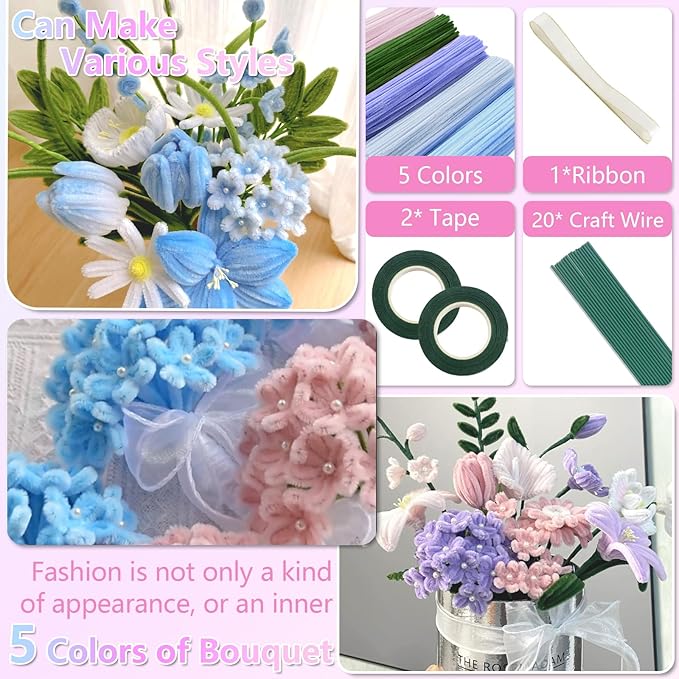 400 Pcs Pipe Cleaners Craft,5 Assorted Colors Pipe Cleaners Bulk, Chenille Stems for DIY Flower Making Kit with Floral Wires, Gardening Tape,Stamen& Ribbon (Colorful)