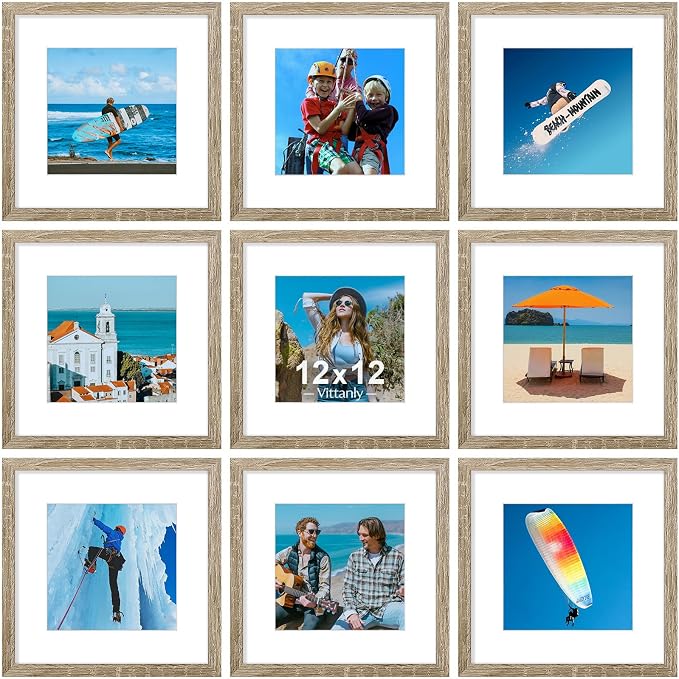 Vittanly 12x12 Picture Frames Set of 9 for Wall Mounting, Light Wood | Display Pictures 8x8 with Mat or 12x12 without Mat for Wall Mounting, Square Photo Frames for Home Decor, Engineered Wood