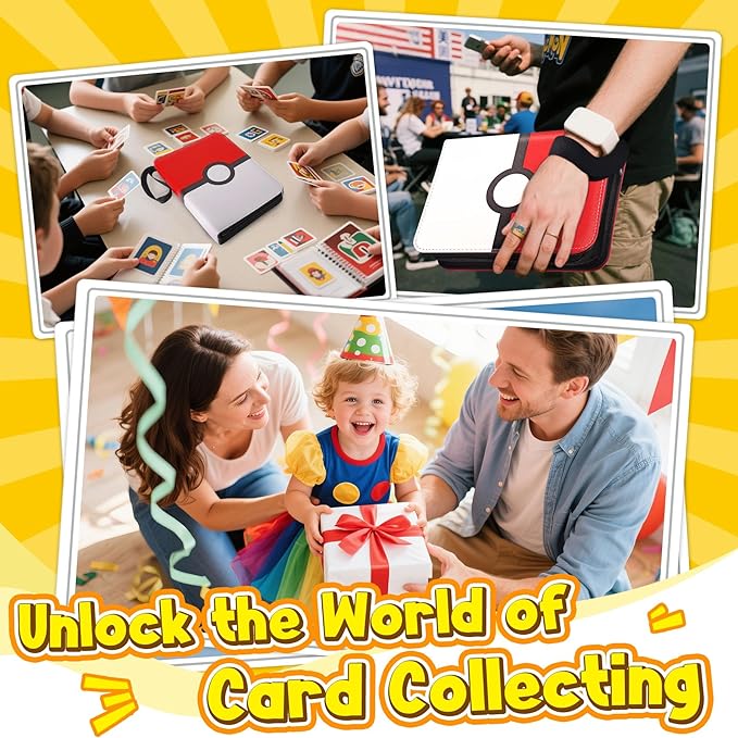 4 Pocket Card Binder with Zipper, Holds 400 Cards, PU Trading Card Album with 5 Hard Plastic Sleeves,Double-Sided Design. Great for Game Cards and sport card