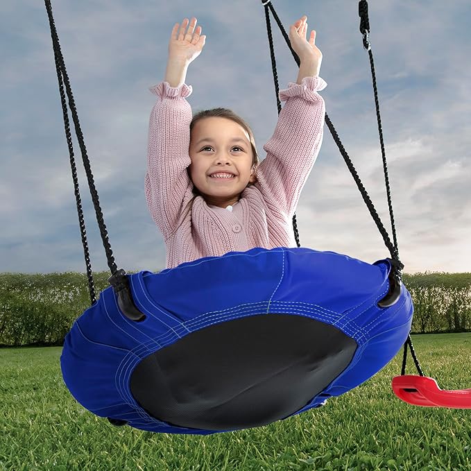 Delta Children FunZone Outdoor Metal 4-Piece Swing Set - Includes 2 Swings, 1 Disc/Saucer Swing and Slide, Blue/Red