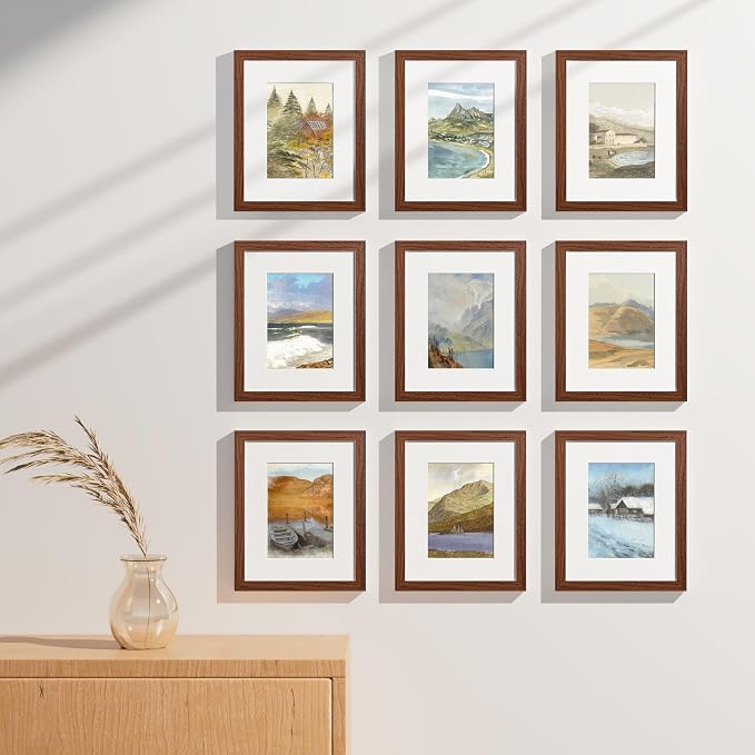 Vittanly 8x10 Picture Frames Set of 9, Wall & Tabletop, Wood Grain Brown | Display Pictures 5x7 with Mat or 8x10 without Mat, Small Photo Frames, Engineered Wood with Shatter Resistant Plexiglass