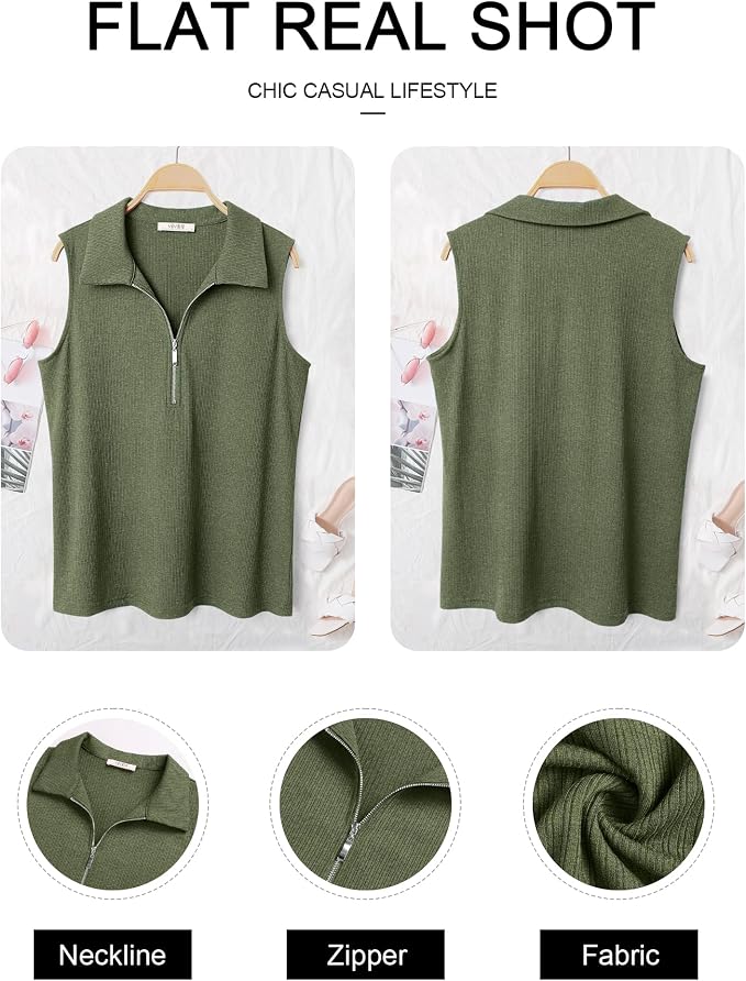Vivilli Womens Ribbed Tank Top Zipper V Neck Dressy Casual Blouses Sleeveless Camisole Tops Work Tank Polo Shirts