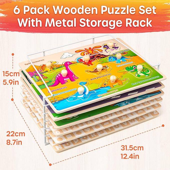 SYNARRY Wooden Puzzles for Toddlers 1-3, 6XSET Puzzles for Toddlers 2-4 with Rack, Learning Alphabet Number Shape Animal Dinosaur, Toddler Valentines Day Easter Basket Stuffers Gifts Toys for Boy Girl