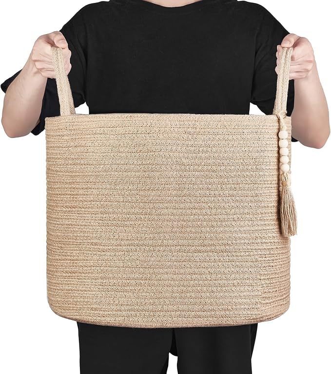 Mkono Woven Storage Basket for Blanket, Toys Plant Organizer, 16"W x 13.8"L | Brown, Jute, Decorative Basket with Handle, Wood Beads Tassel, Shoes Towel Clothes Storage Bin, Living Room Bedroom Nursery