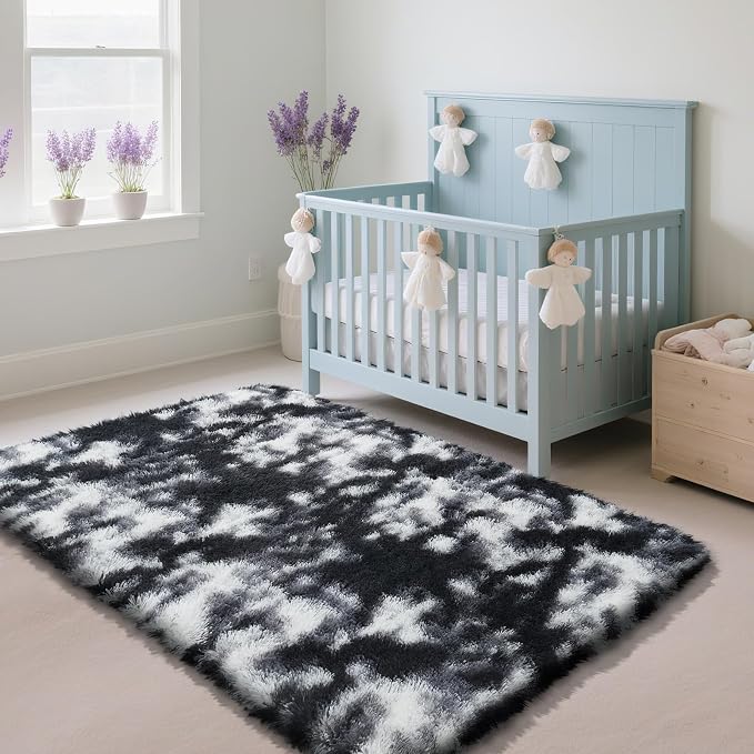 Fluffy Rug Shag Area Rug, Mottling Black 4x6 Area Rugs for Bedroom, Small Bedside Rug, Soft Fluffy Shag Entryway Throw Rugs for Living Room Bedroom Room Home Decor