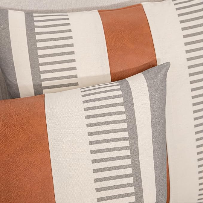 2 Pack 18x18 Inch Pillow Covers - Brown Faux Leather & Gray Stripe Print Soft Cotton Splicing, Same Pattern Both Sides | for Sofa Couch Bed Living Room, Farmhouse Industrial Minimalist Decor