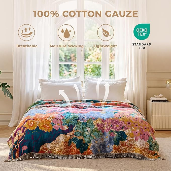 LUTBM Boho Throw Blanket for Couch 50"x60", Cotton Decorative Bed Throws | Reversible Watercolor Floral Jacquard, All-Season, For Chair Sofa Living Room, Soft Lightweight Summer Blankets, Home Decor