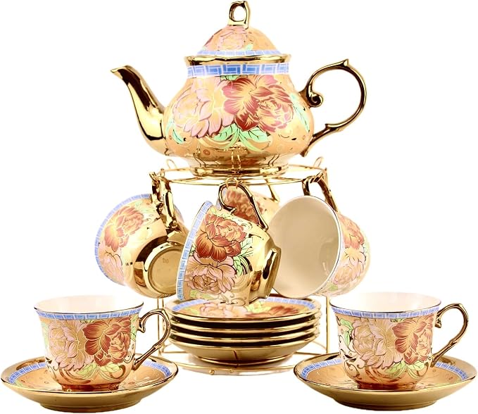 20 Pieces Porcelain Tea Set With Metal Holder, European Ceramic tea set for adults,Flower Tea Set,Tea Set For Women With Flower Painting (Large version, Deep yellow)