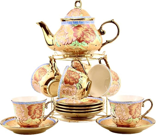 20 Pieces Porcelain Tea Set With Metal Holder, European Ceramic tea set for adults,Flower Tea Set,Tea Set For Women With Flower Painting (Large version, Deep yellow)