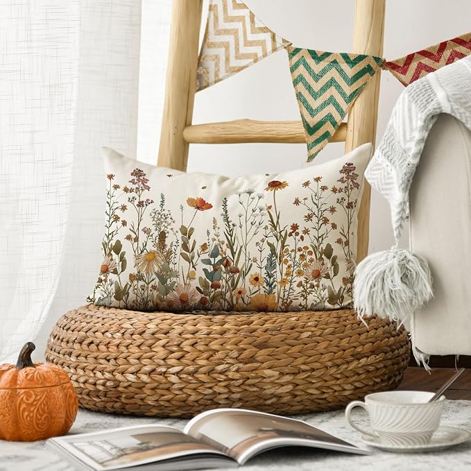 AVOIN colorlife Fall Flowers Throw Pillow Cover 12x20 Inch | Seasonal Autumn Thanksgiving Harvest Decoration for Sofa Couch Farmhouse Living Room Decor