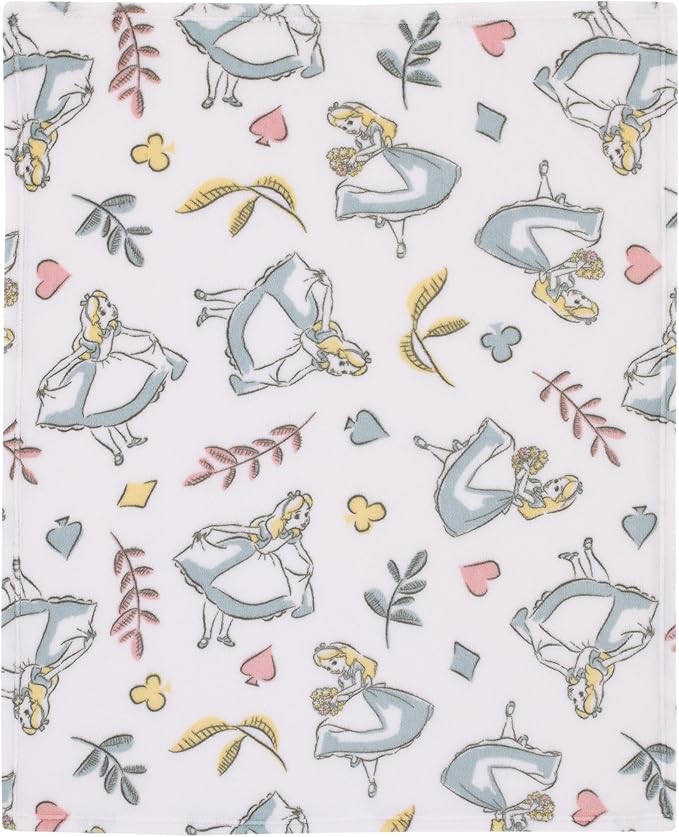 Disney Alice in Wonderland Light Blue, Pink, Yellow, and White Super Soft Plush Baby Blanket