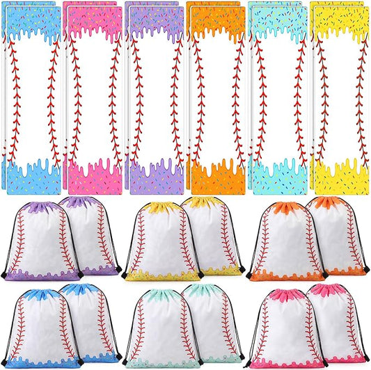 Peryiter 24 Pcs Ice Cream Drip Baseball Party Favors 12 Cooling Towels 12 Drip Drawstring Bags Bulk Sport Gifts for Teams Summer Camping Yoga Running Supplies, Chilly and Absorbent (Classic)