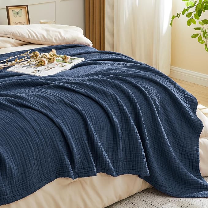 EMME Muslin Blankets for Adults Throw Blanket for Couch Breathable Gauze Soft Lightweight Airy Navy Super King 120" x 94"