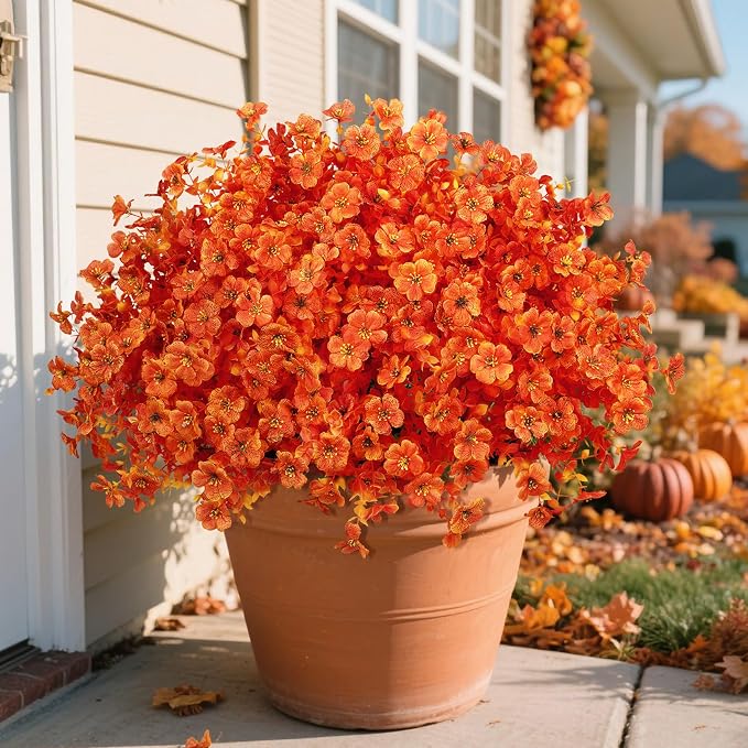 Ouddy Decor 24 Pcs Artificial Fall Flowers for Outdoors, Bright Orange | Lifelike faux mums, silk flower, UV resistant, no-maintenance, for autumn Thanksgiving garden porch yard indoor outdoor decor