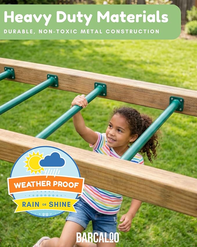 Barcaloo Playground Equipment Monkey Bars Playset Attachment for Backyard - Set of 8 Green Powder Coated Indoor Monkey Bars Set for Kids with Mounting Plates, 16 1/2 Inches Long