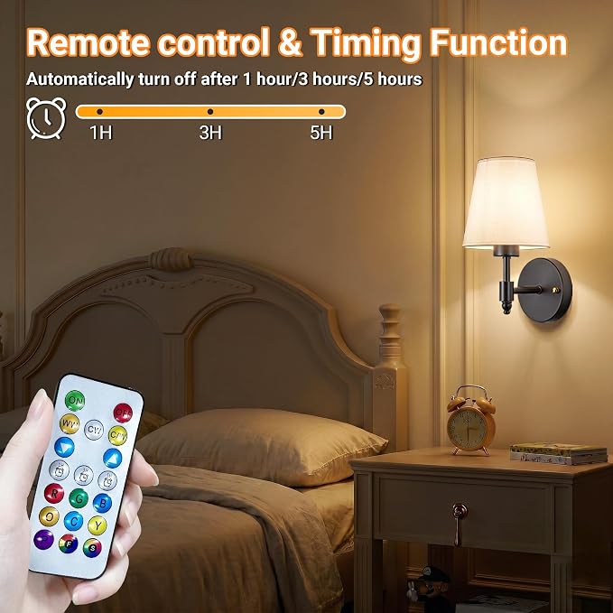 Nekhung Battery Operated Wall Sconce, Peel and Stick Sconces Set of 2 | Wireless Adhesive Stick On Wall Sconce, 10000mAh Rechargeable RGB Bulb with Remote, No Drill Wall Light for Bedroom Decor