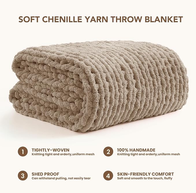 L'AGRATY Chunky Knit Throw Blanket for Couch, 50 x 70 Inches, Light Taupe | Handmade Chenille Crochet Blanket for Sofa Bed, Thick Cable Knitted Blankets for Room Home Decor, Birthday Gift for Women Mom