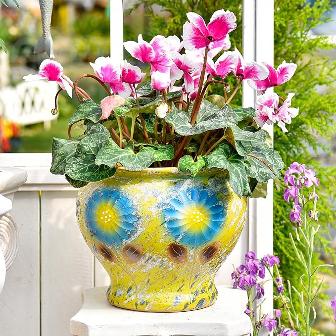 Sungmor 9 Inch Hand Painted Ceramic Succulent Plant Pots - Yellow & Daisy | Vintage Decorative Pottery Planters for Indoor Outdoor Plants, Table Centerpieces & Flower Arrangement Home Decor