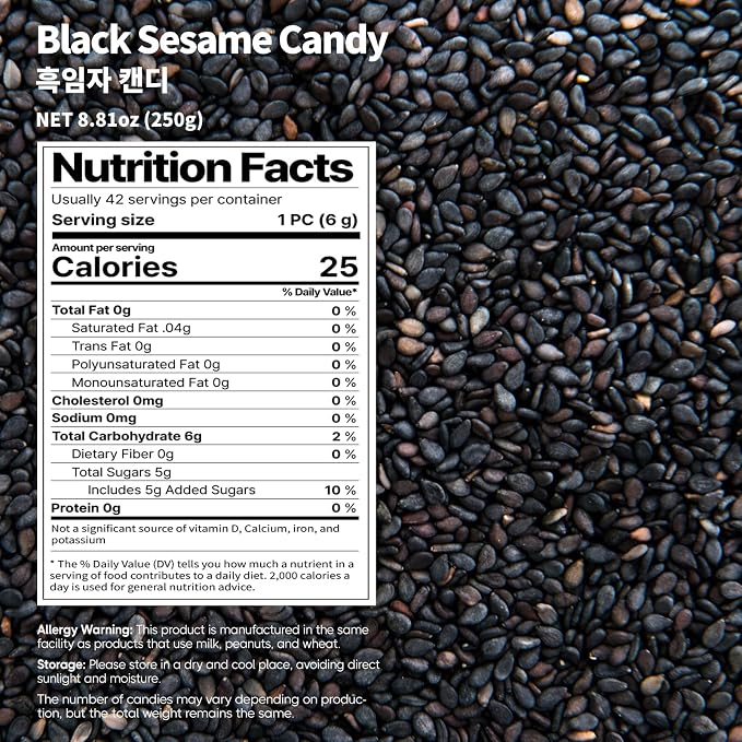 COELO Black Sesame Candy 8.81oz (250g) | Nutty & Toasty Naturally Flavored Korean Hard Candy Crunch Treats | Old School Snack Office Trip Camping Party K-Food Individually Wrapped Wrapper 흑임자 캔디