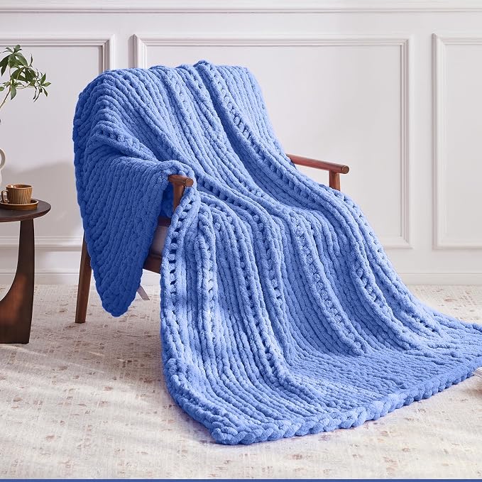 Negwoo Chunky Knit Throw Blanket, Knitted Throw Chenille Yarn, 30"*40" | Soft Thick Cable Knitted Blankets, Handmade Big Thick Blanket, Machine Washable Cute Comfy Blanket for Home Decor, Light blue