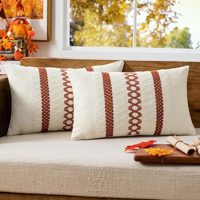 MIULEE Set of 2 Fall Burnt Orange Decorative Lumbar Pillow Covers 12x20 | Farmhouse Boho Couch Throw Pillows, Modern Cushion Covers, Macrame Woven Home Decor for Bed Sofa Chair