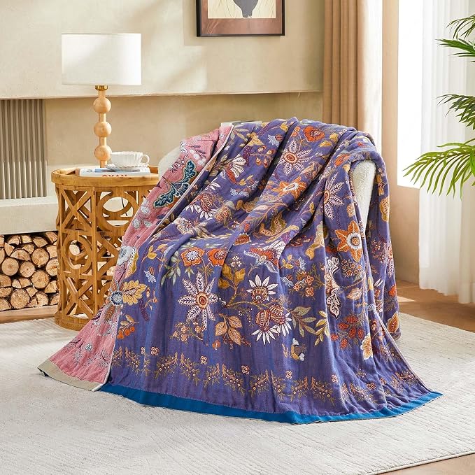 XIBLC Boho Blanket, 100% Cotton Farmhouse Decorative Throw Blanket, 60"x80" Reversible Bohemian Throw Blanket, Purple All Season Muslin Breathable Woven Blankets Quilt
