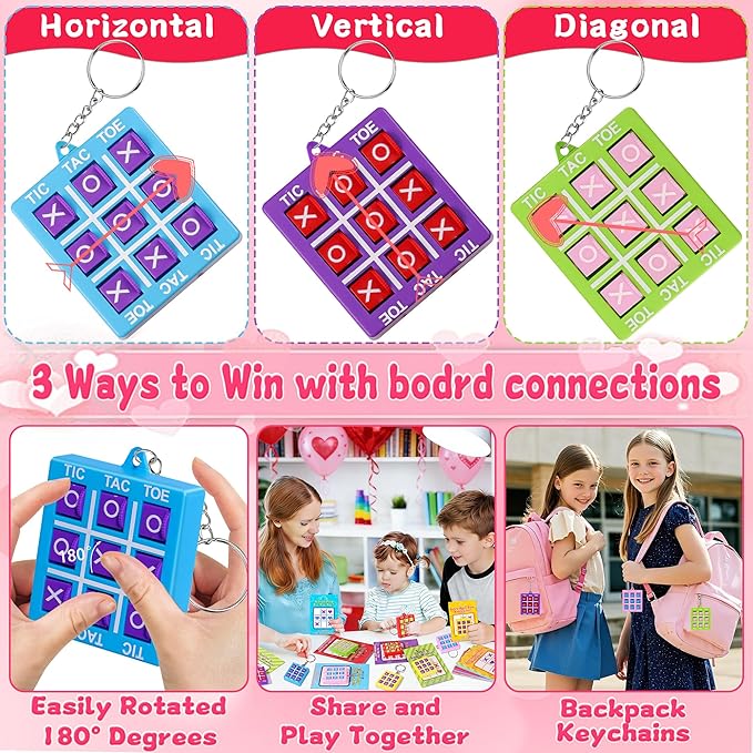 24 Pack Valentines Day Gifts for Kids Classroom Valentines Day Cards with Tic-Tac-Toe Game Keychains Valentines for Kids School Class Exchange Cards Valentines Party Favors Boys Girls Toddlers