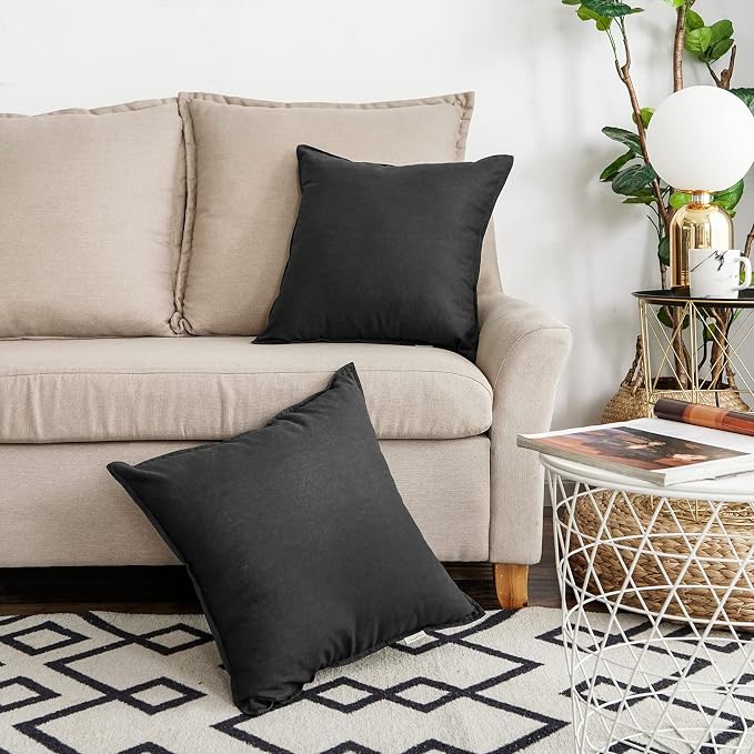 Jeanerlor 24" x 24" Natural Cotton Linen Soft Soild Decorative Square Throw Pillow Covers Green Set Cushion Case for Sofa Bedroom Car 60 x 60cm, Black