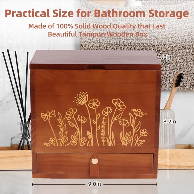 2-Layer Solid Wood Tampon Box Storage Organizer, 100% Wood Bathroom Feminine Accessories Holder with Drawer, Dual-Compartment Holder for Pads, Tampons, & Liners, Gold Floral, Gifts for Women