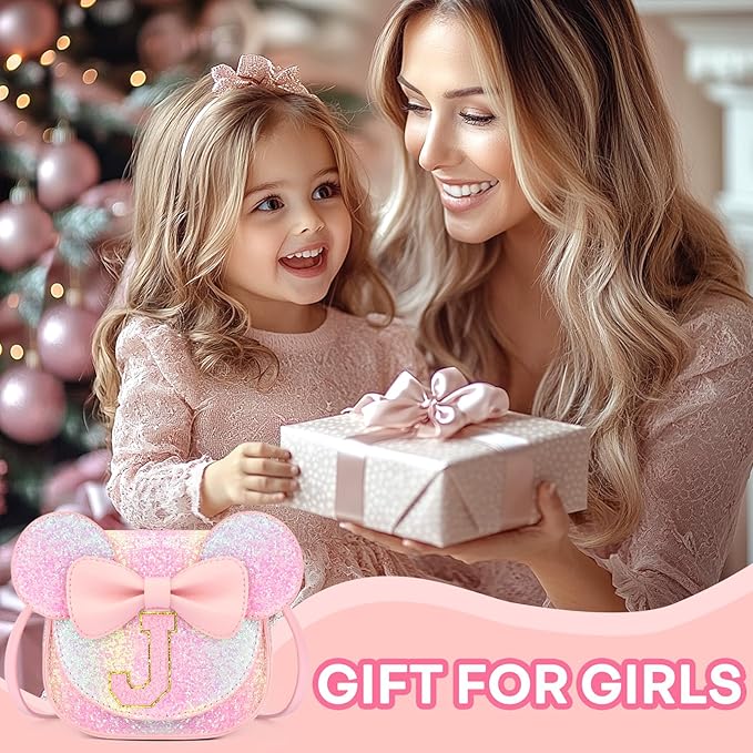 mibasies Toddler Purse Girl Gifts: Girls Birthday Gifts for 3-8 - Toys for Ages 2-4 Girls Mouse Ears Purse, Glitter Rainbow, Letter J