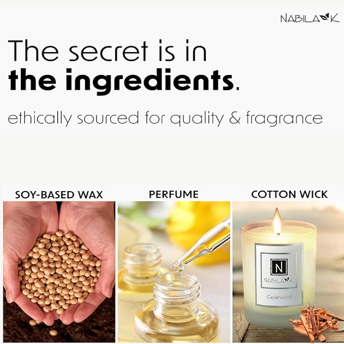 Nabila K - Cedarwood - Soy Candle with Essential Oils - Hand-Poured in USA - Cotton Wick - Aromatherapy - Blend of Cedarwood, Patchouli, Eucalyptus, Vanilla, Lemon, Eucalyptus & More - 14 oz