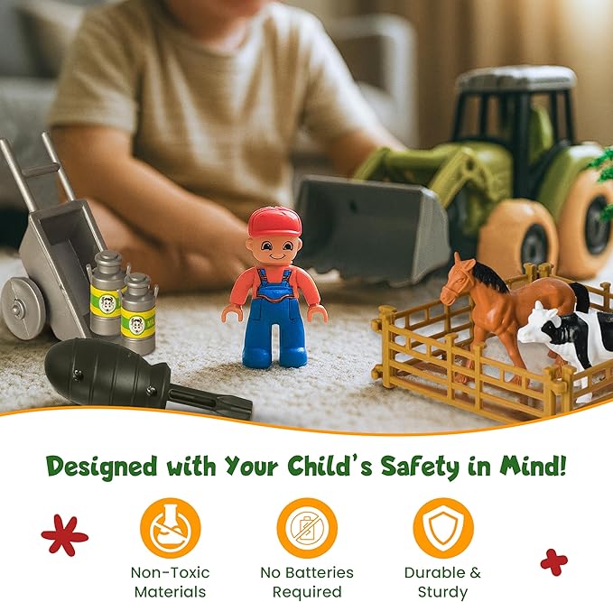 Take-Apart Tractor STEM Kit with Drill - DIY Farm Playset, Educational Construction Toy for Boys & Girls Ages 3–6, Solid Colors Gift
