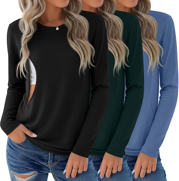 3 Pack Nursing Tops for Breastfeeding Maternity Shirts Zipper Long Sleeve Round Neck Knit Casual Nursing Clothes