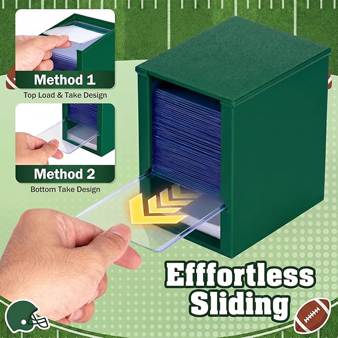 Toploader Dispenser & Penny Sleeve Holder - Dual Compartment Holds 250 Penny Sleeves & up to 50 Top Loaders, Stackable Card Storage Box with Dustproof Lid (Green)