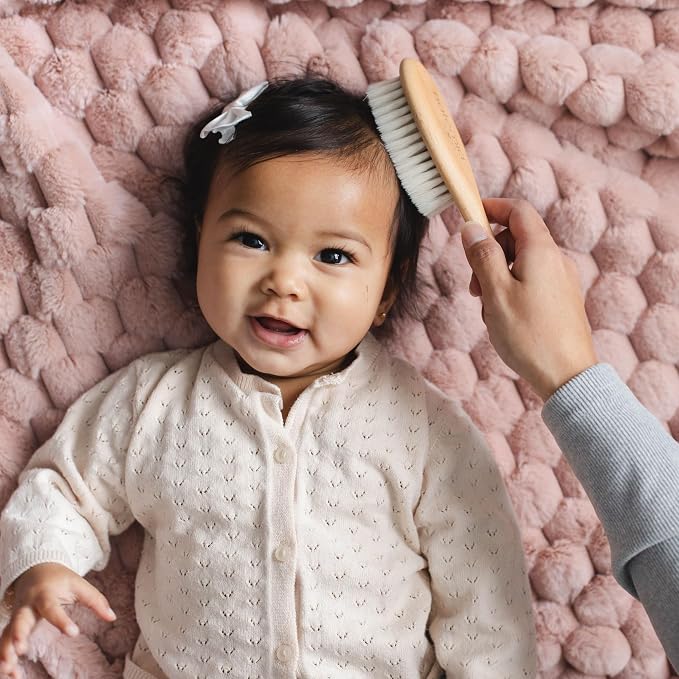 Natemia Wooden Baby Hair Brush & Comb Set - Natural Goat Hair Bristles & Soft Bristle Brush - Gentle Scalp Massage & Cradle Cap Comb - For Newborns & Toddlers, Baby Grooming Kit