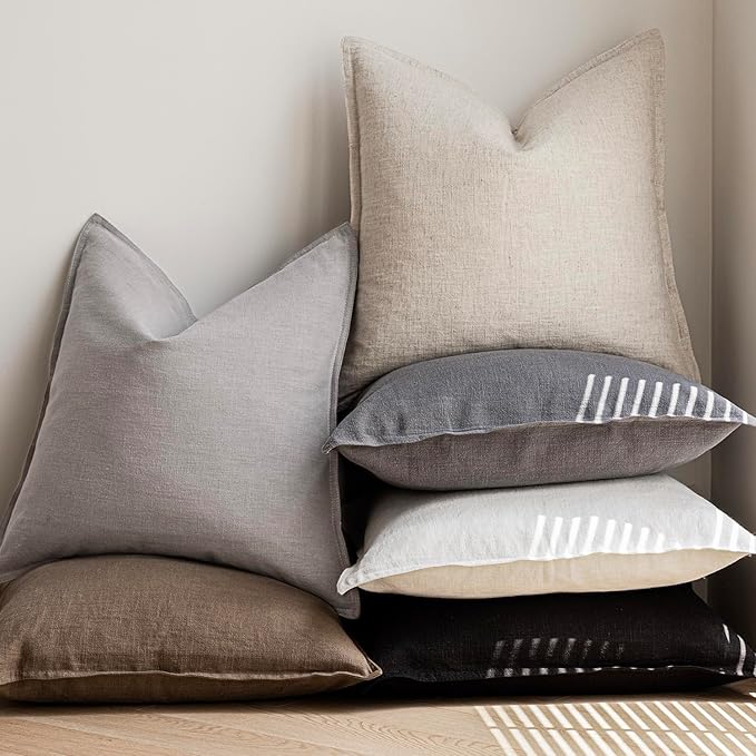 Foindtower Pack of 2, Decorative Linen Soild Throw Pillow Covers Soft Accent Cushion Case Boho Farmhouse Pillowcase for Chair Couch Sofa Bedroom Living Room Home Decor 26 x 26 Inch Light Rustic Gray