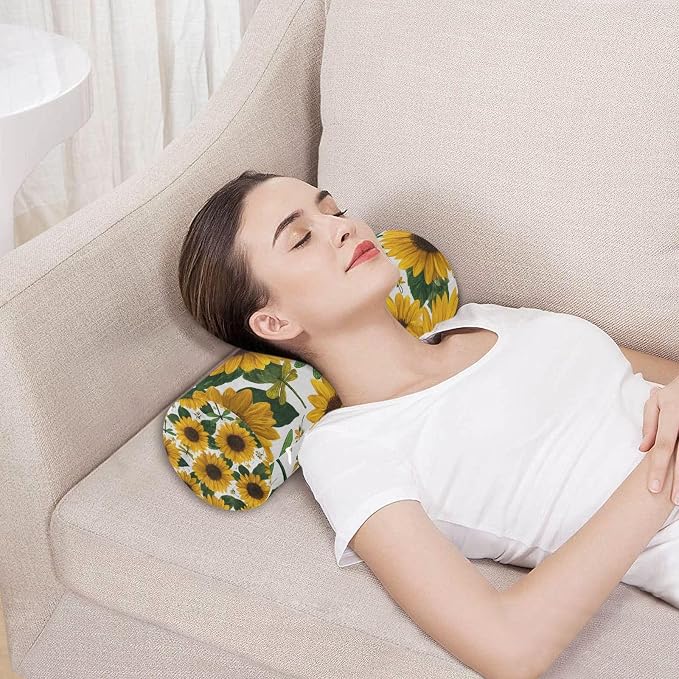 Sunflowers and Green Dragonflies Neck Roll Pillow Bolster Round Health Memory Foam Long Cervical Cylinder Pillows with Removable Washable Cover for Body Bed Legs Back Yoga